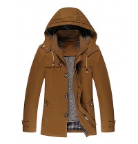 Men's Casual/Daily Vintage Trench CoatSolid Hooded Long Sleeve Fall / Winter Black / Brown Cotton / Polyester Thick